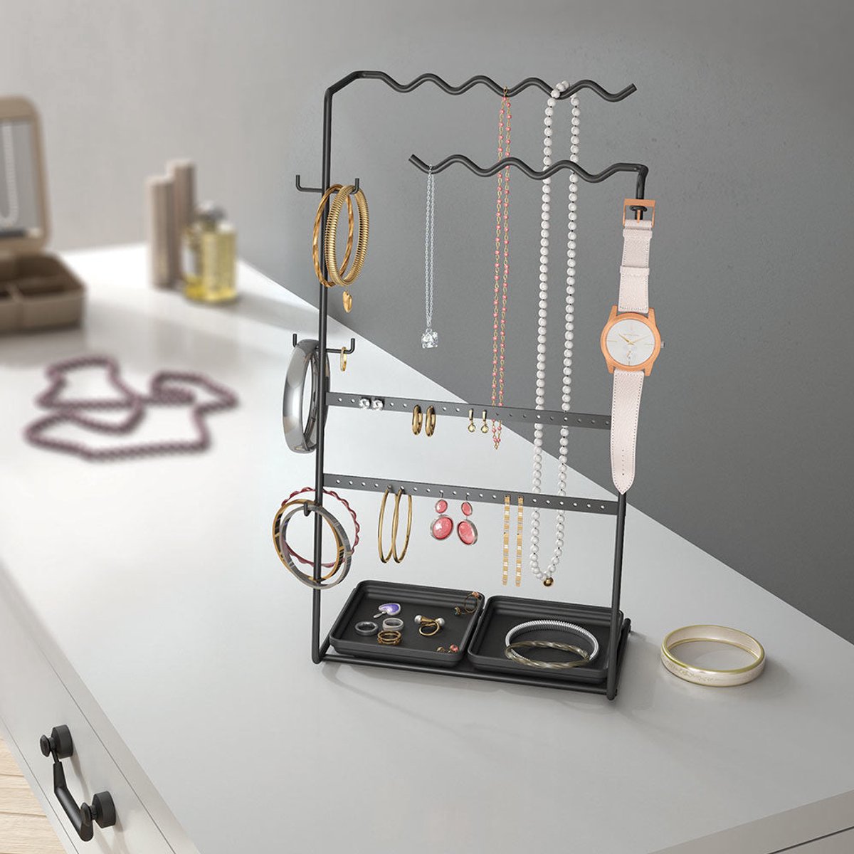 Metaltex MyJewels - Sieradenrekje - Sieradenhouder - Sieraden Organizer - Haakjes - Sieradenrek - 26x16x45 cm - Zwart — cadeau in Sieraden - foto 2