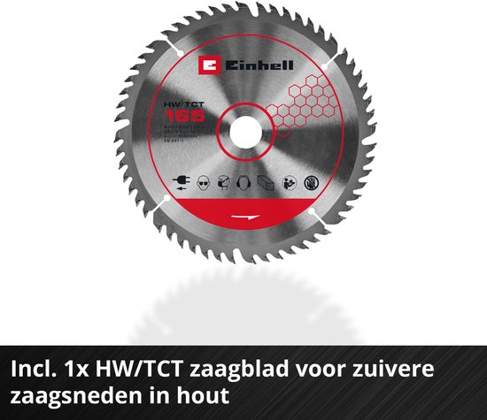 Einhell HW/TCT cirkelzaagblad met 165mm diameter en 56 tanden voor zuivere zaagsneden.