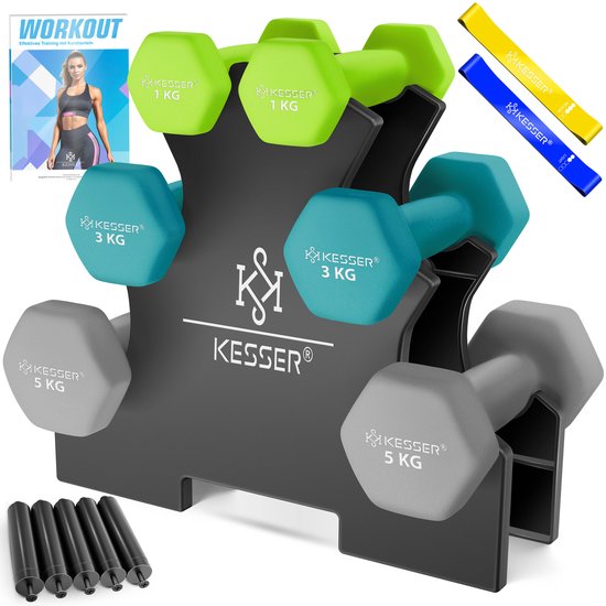 KESSER® Haltères Set 3 Paires | Set de poids avec support | Haltère réglable adapté à Musculation | Set d'haltères avec livret d'exercices, 2x bandes fitness, Vert clair / Bleu pétrole / Gris clair - 2 x (1+3+5)kg