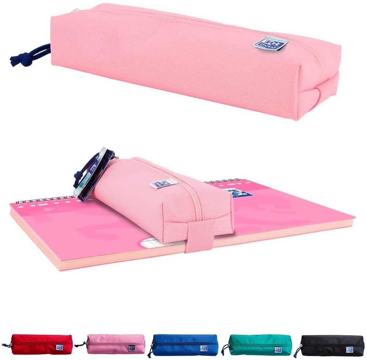 Oxford etui voor meisjes en jongens, roze etui met elastiek, rechthoekig etui 22 cm