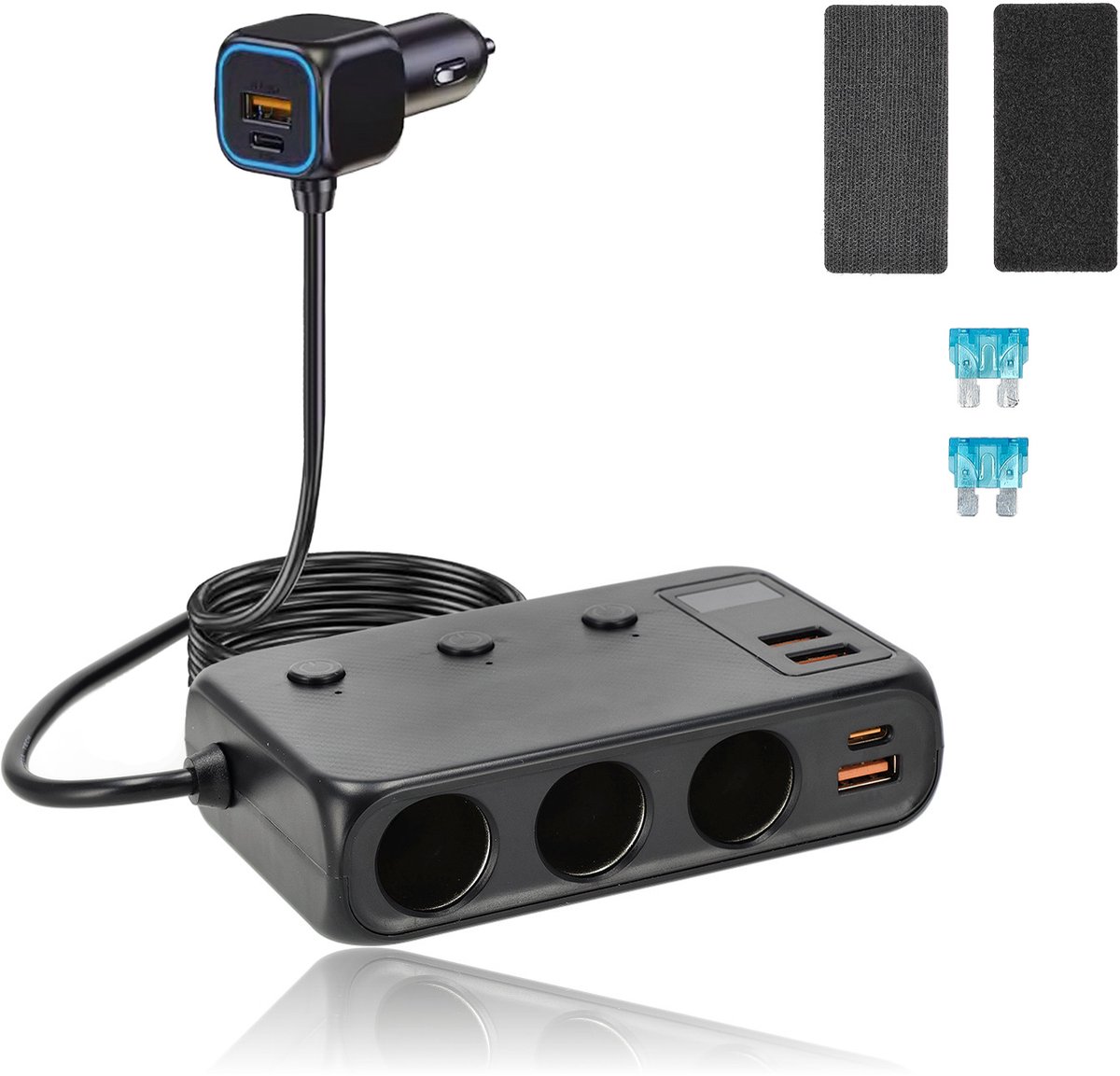 150W autolader, Qidoe 2-socket sigarettenaansteker splitter Quick Charge 3.0 en 2.4A USB-poort, Type C-uitgang met aparte schakelaar LED voltmeter voor 12/24V auto, mobiele telefoon, GPS, dashcam etc