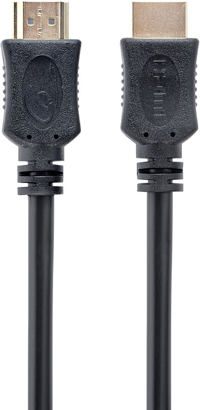 Twee zwarte HDMI-kabels met gouden connectoren, één met de tekst "Hi-HDMI".