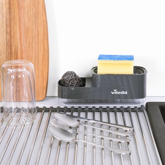 AJEUNGAIN Keuken Beige Afwasmiddeldispenser met Zeepdispenser, Afwasborstel, Spons, Spoeldoekhouder, Zeepdispenser Keukenset, Spoelbakorganizer Smal voor Keuken en Badkamer (Beige