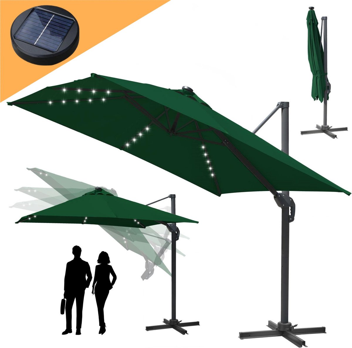 Zweefparasol 330x330cm – Vierkante parasol – 360 ° Draaibaar - Kantelbaar – UV werend doek – Houtlook - incl. LED - Groen