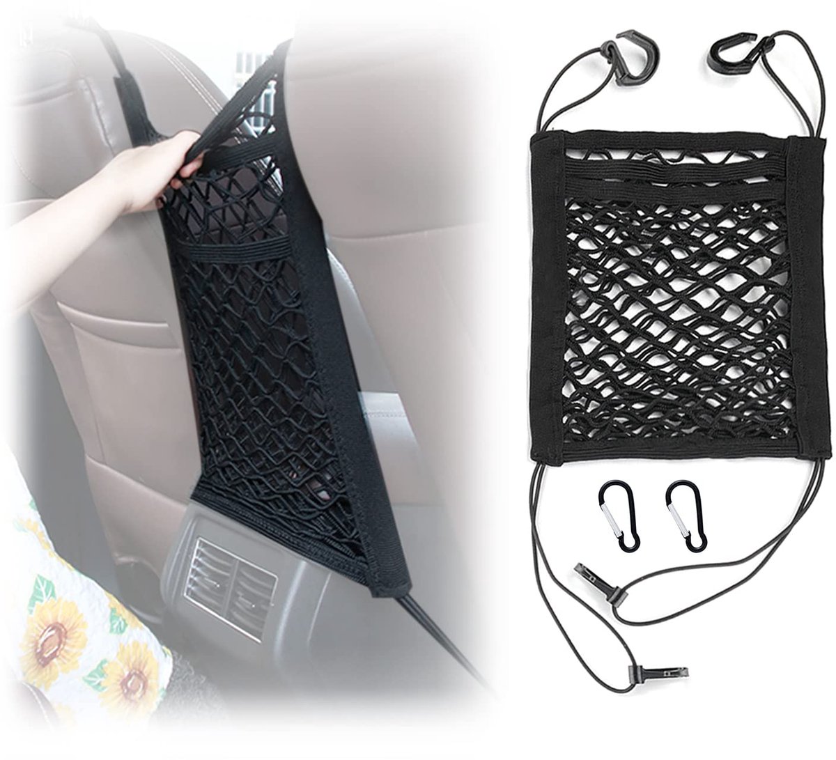 Image of 1 stuk 3-laags opbergnet voor autostoel, met 2 zwarte karabijnhaken, zwarte elastische netzak voor de achterbank van de auto, isolatienet voor honden, veiligheidshek voor kinderen, 30 * 28 cm.