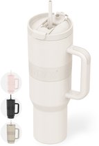 ONYX Drinkfles met Rietje 1 Liter - Waterfles voor Kinderen & Volwassenen - Thermosbeker RVS Travel Mug - Motiverende Drinkbus - Drinkbeker voor School - Coco White