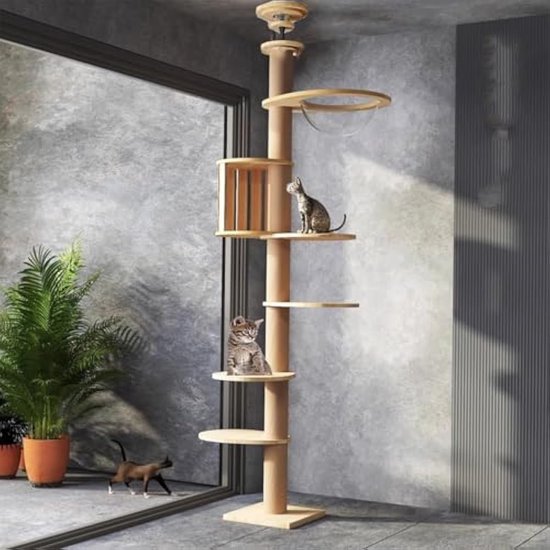 Felivecal Krabpaal van vloer tot plafond 235-250 cm, hoge krabpaal met 4 grote platforms, extra krabpalen kunnen tot 290 cm worden toegevoegd, houten krabpaal voor katten