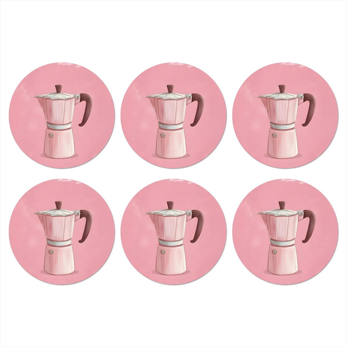 Onderzetters voor glazen - Rond - Roze - Mokkapot - Illustratie - Koffie - 10x10 cm - Glasonderzetters - 6 stuks