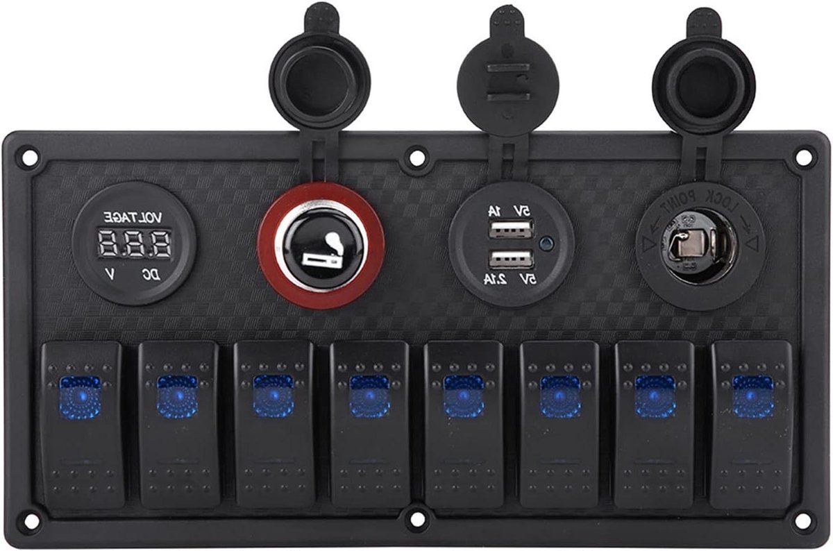 JGS Premium - Schakelpaneel 12-24V Schakelplaat met Rubberen Afdichtkap 8-Weg LED voor Jachtboot