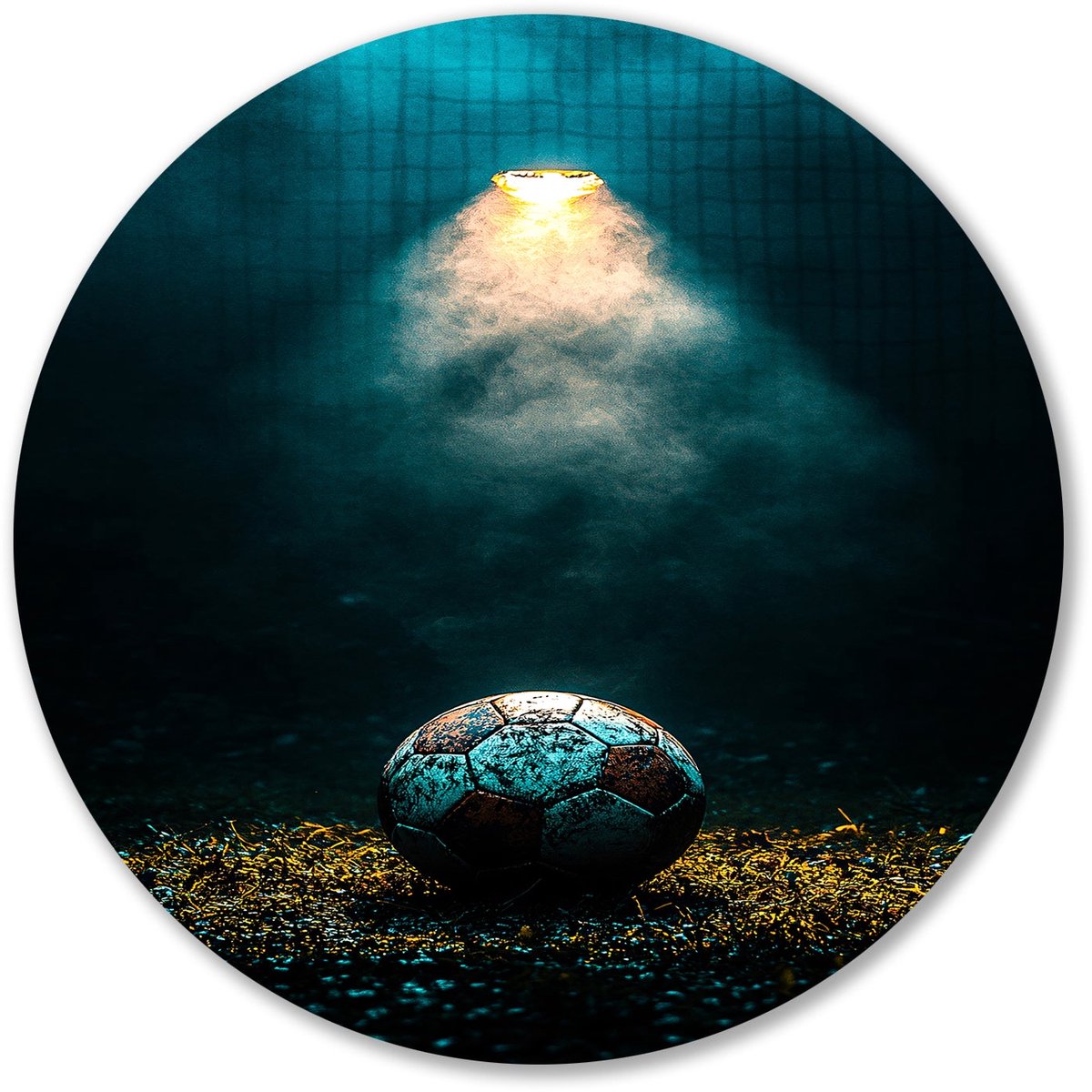 Verweerde voetbal onder spotlight - Voetbal wanddecoratie rond - Ronde wandprint bal - Hyperrealisme - Forex muurcirkel - Stijlvolle kantoorinrichting - muurcirkel forex 60x60 cm