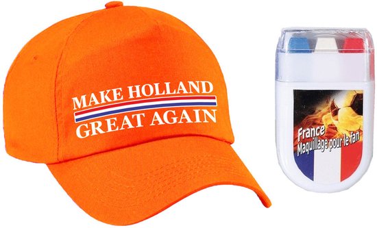 Koningsdag en supporters feest petje - oranje - Make Holland Great Again - Met vlag schminkstift - Volwassenen