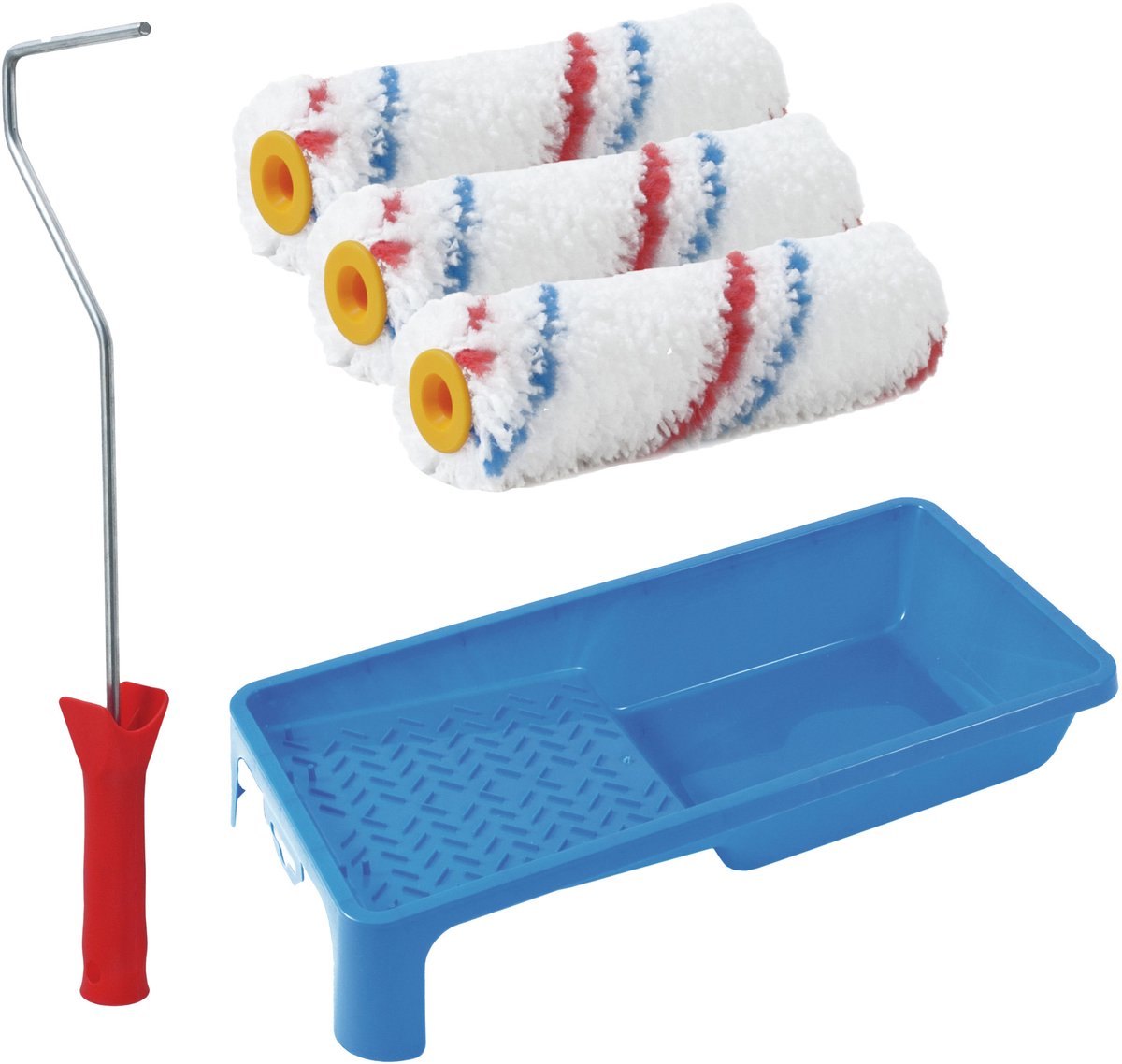 Sorex pluisvrije verfrollers schilderen set - met beugel en verfbak - 3x anti spat vacht rollers - pluisvrij - breedte 10 cm x dikte 3.5 cm - wasbaar