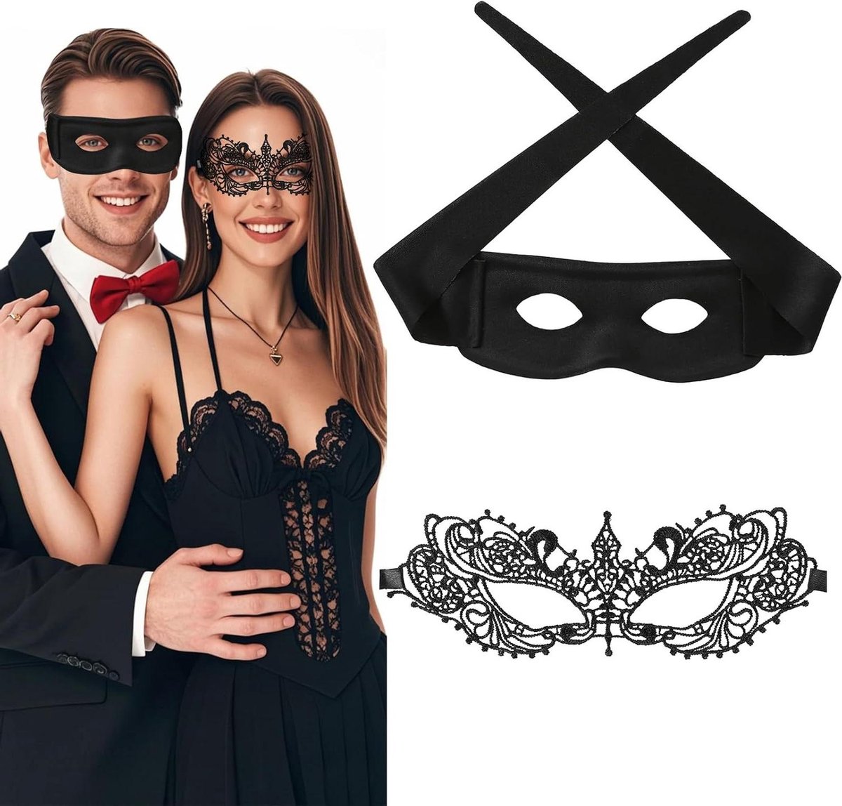 Allecto Plus - Set van 2 Zwarte Maskers voor Koppels - Verkleedmaskers voor Koppels, Feestmaskers voor Carnaval - Halloween Kostuum Maskers voor Mannen en Vrouwen