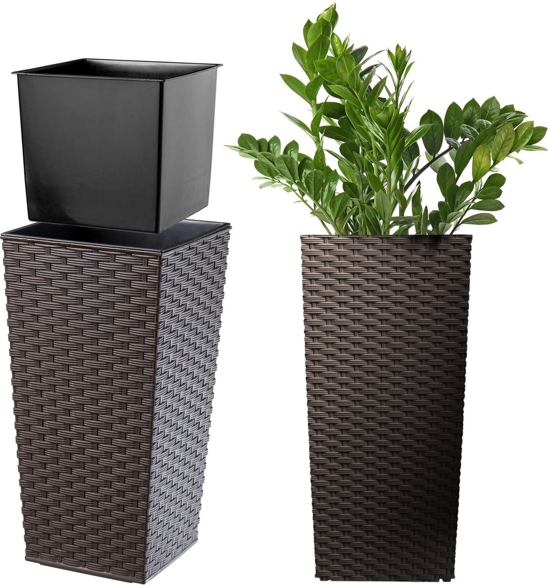 KADAX Bloempot, bloembak van kunststof, plantenbak voor bloemen, binnen en buiten, tuin, balkon, terras, huis, weerbestendig, imitatie rotan (46,5 cm hoog, mokka rotan)