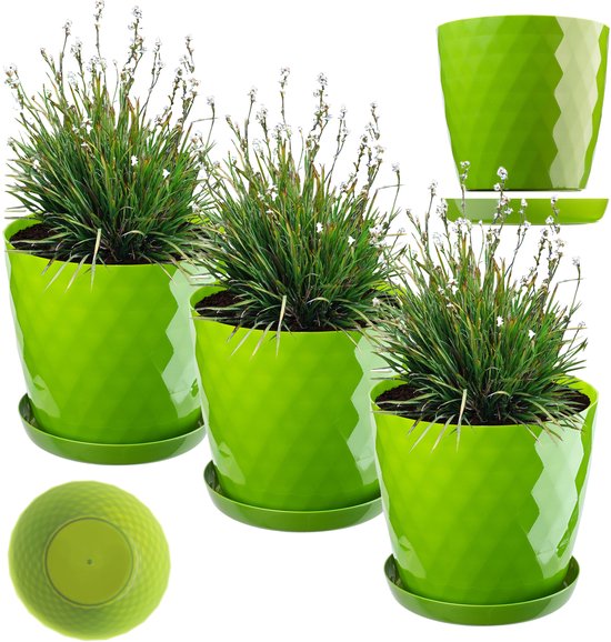 Foto: Kadax bloempot kunststof pannenset met onderzetter plantenbak van licht materiaal decoratieve kruidenpot pot voor bloemen planten cactus en vetplanten set van 3 18 cm groen