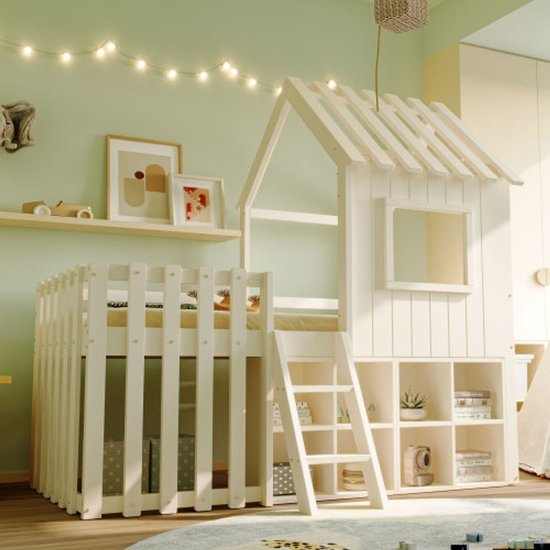 Lit cabane pour enfant 90x200, avec toit et fenêtre, avec espace de rangement ouvert, avec échelle d'escalade, lit superposé pour enfant en bois massif sans matelas, blanc