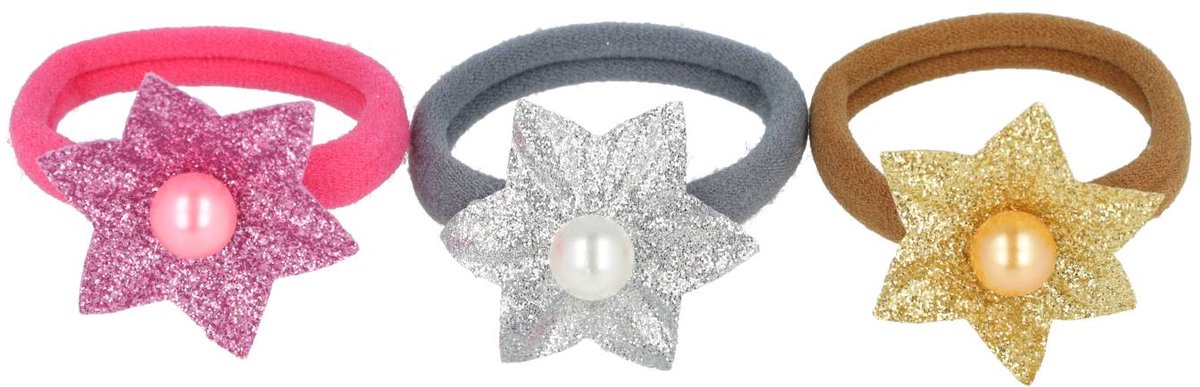 Haarsoires Haarelastieken – Stervorm 4cm – Glitter - Parel – Grijs Roze Goud – Set van 3