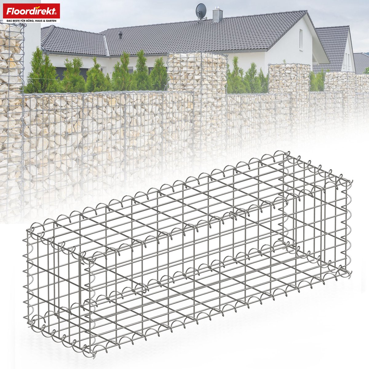 FLOORDIREKT Schanskorf Lenox - Verzinkt Stalen Mand - voor Decoratieve Privacyschermen & Tuinprojecten - 100 x 30 x 30 cm - Zilver