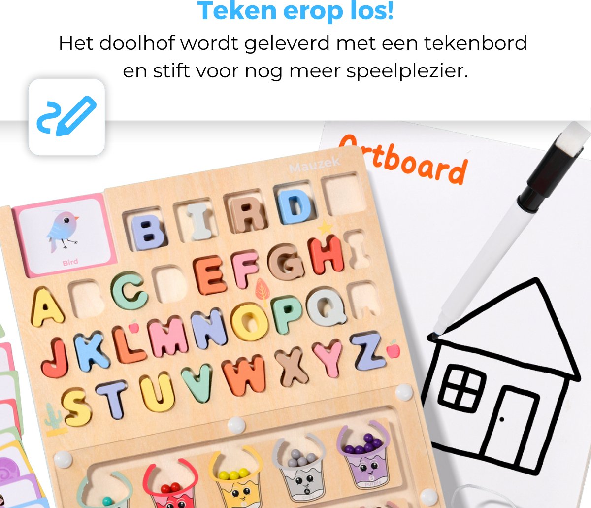Mauzek® Magnetisch Doolhof Letters en Kleuren – Montessori speelgoed – Houten speelgoed – Sensorisch speelgoed – Alfabet – Activiteitenbord – Motoriek speelgoed – Peuter – Letters – Magneet spel – Jongens – Meisjes – 3 jaar – 4 jaar – 5 jaar – 6 jaar — afbeelding 7