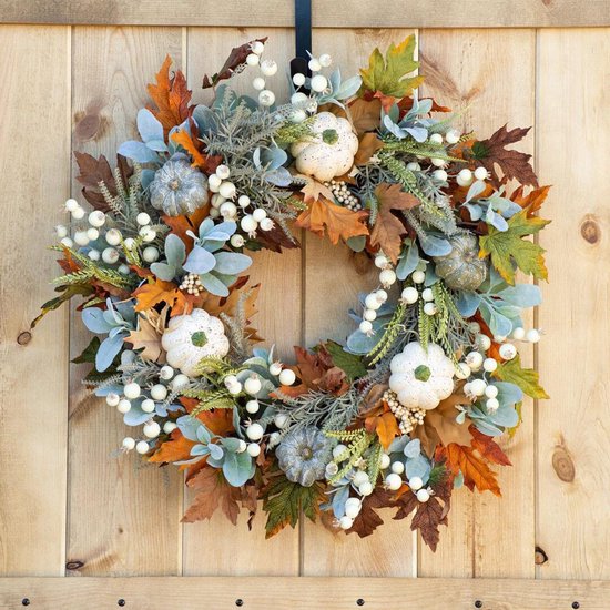 Kunstmatige krans, boerderij herfstkrans voor voordeur - Rustieke herfstdecoratie met kunstmatige pompoenen, rozen en bessentakken, Thanksgiving Halloween krans voor binnen- en buitendecoratie, 45 cm
