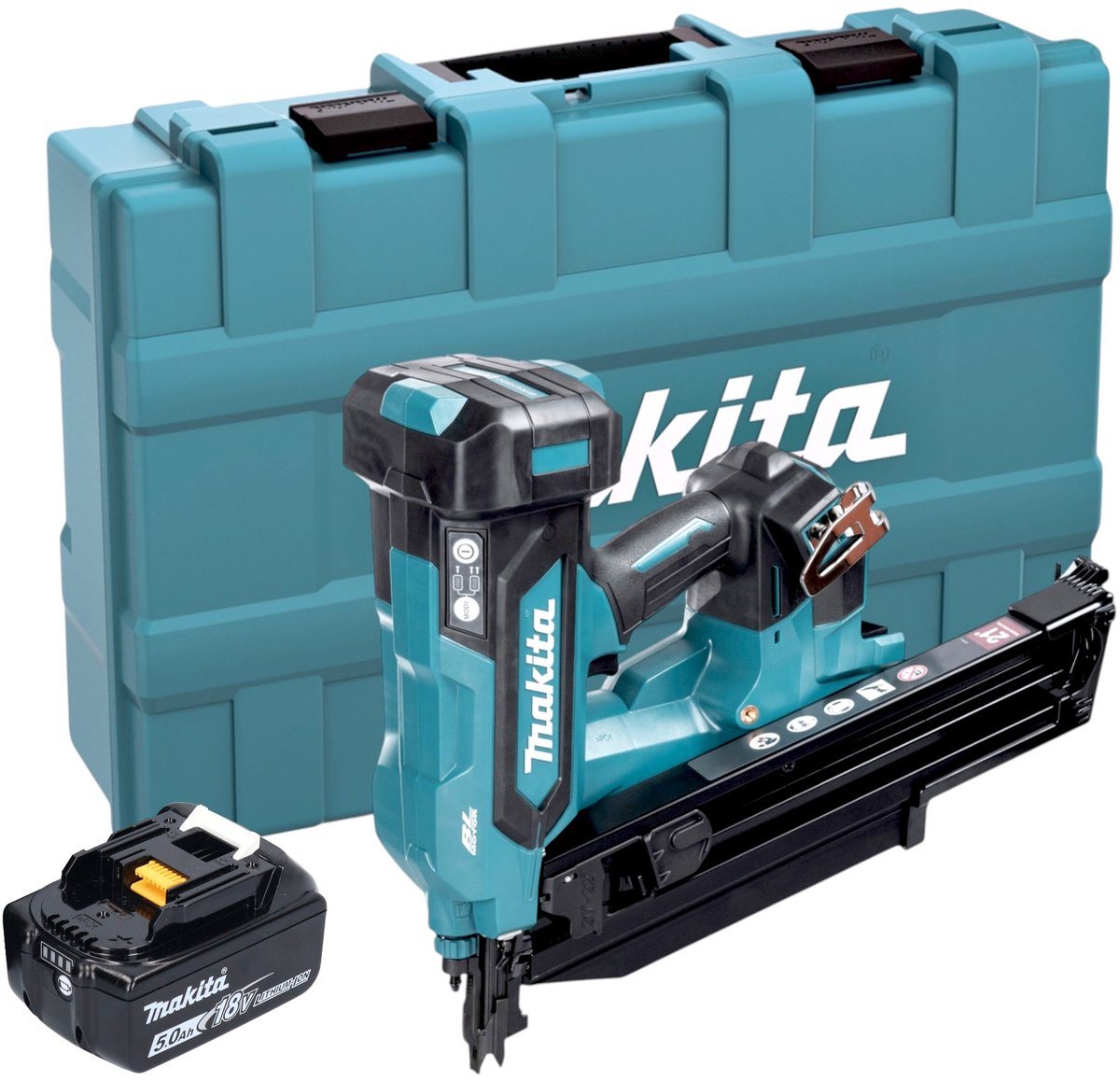 Makita DBN 901 T1K accu-spijkermachine 18 V 50 - 90 mm borstelloos + 1x accu 5,0 Ah + koffer - zonder oplader