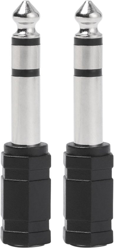 Audio Plug 2 STUKS - 6.35mm Jack (m) - 3.5mm Jack (v) Stereo AUX Audio Aux Adapter - Verloopstekker - 6.35 mm naar 3.5 mm - Mini jack naar jack - Verloopplug – Jackplug - Koppelstuk - Audio plug - metaal / verguld - Zwart2