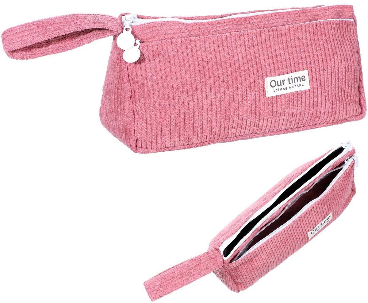 Pennenetui Ribstof - Wasbaar met Handvat & 2 Ritsvakken - School, Kantoor & Make-up - Roze