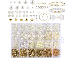 Allecto Plus - Kralen set voor het maken van armbanden - 1120 stuks - Wit - Doe-het-zelf sieraden maken met parels en gouden kralen - DIY armbandenset en vriendschapsarmbandset