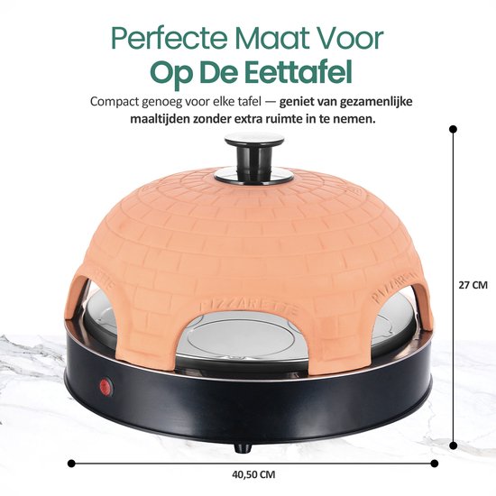 Emerio Pizzarette Origineel - 6 Persoons Pizza Oven - Handgemaakte Terracotta Koepel - 6 Geïsoleerde Bakspatels - RVS Bakplaat - Gourmetstel met Cool touch koepel - PO-115984 1200W