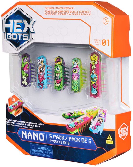 HEX BOTS nano 5 Pack, 4 nano Bots met extra Flash nano, sensorisch speelgoed voor kinderen en katten met trillingstechnologie, insecten- en minirobotspeelgoed