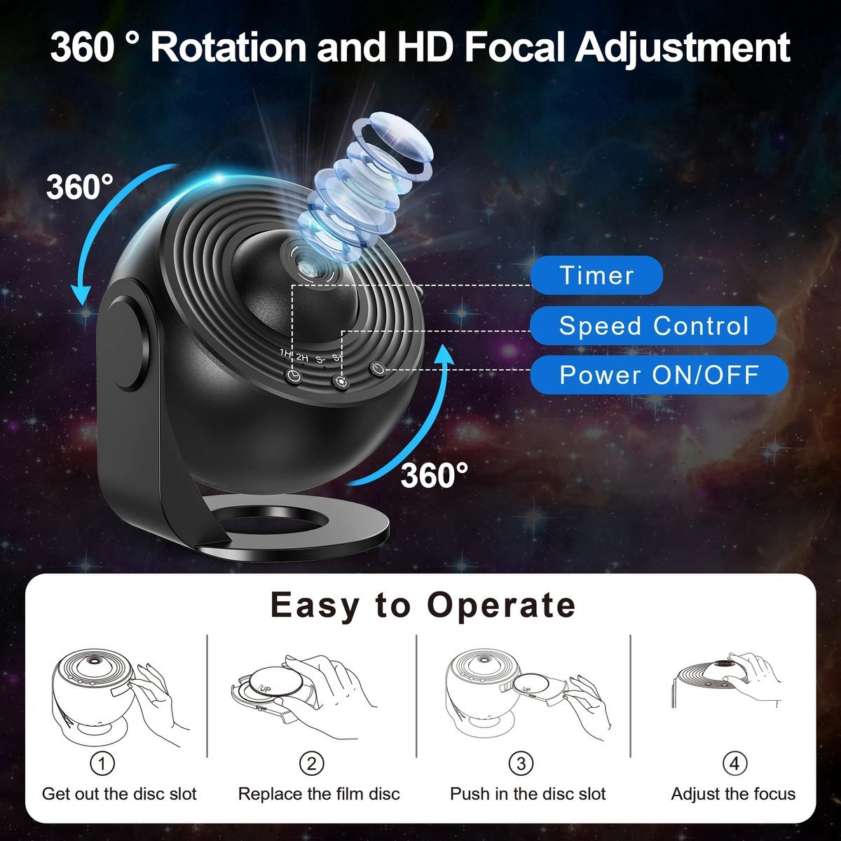 360° Nachtlamp Projector Hemel Ster met Zonnestelsel Maan Nevel Melkwegstelsel Kosmonaut Projector voor Kinderen Volwassenen-sfeerlamp- sfeerlamp slaapkamer-Sterren Projector - Galaxy Projector - Sterrenhemel - sterrenhemel projector - Wit/Zwart – foto 5