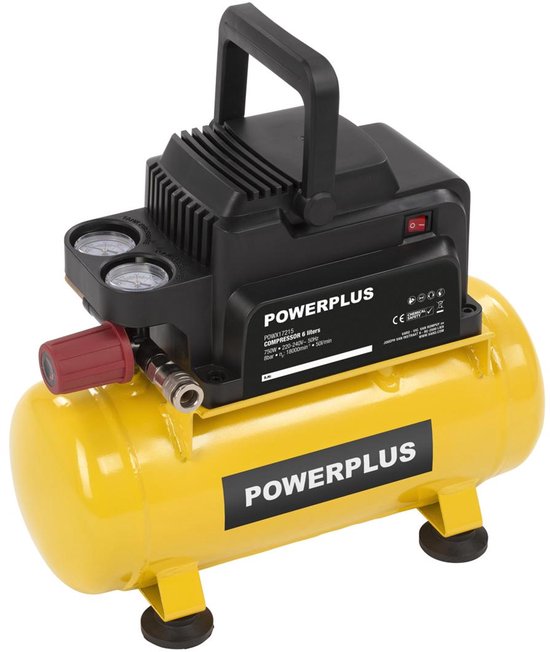 Gele Powerplus compressor met zwarte motor. 750W, 6L tank.