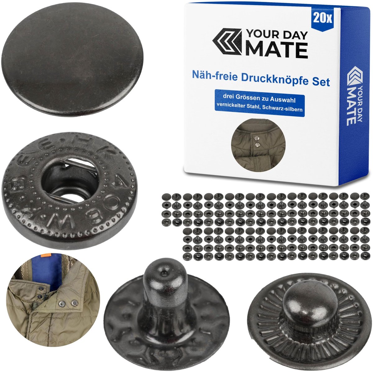 Drukknopen zonder naaien, Ø 10 mm, 20 paar, zwartgrijs, set zonder gereedschap, DIY stoffen clips, drukknoop met ringveersluiting, reparatie metalen knopen, vervangende accessoires voor het naaien van knopen, drukknoop met ringveer