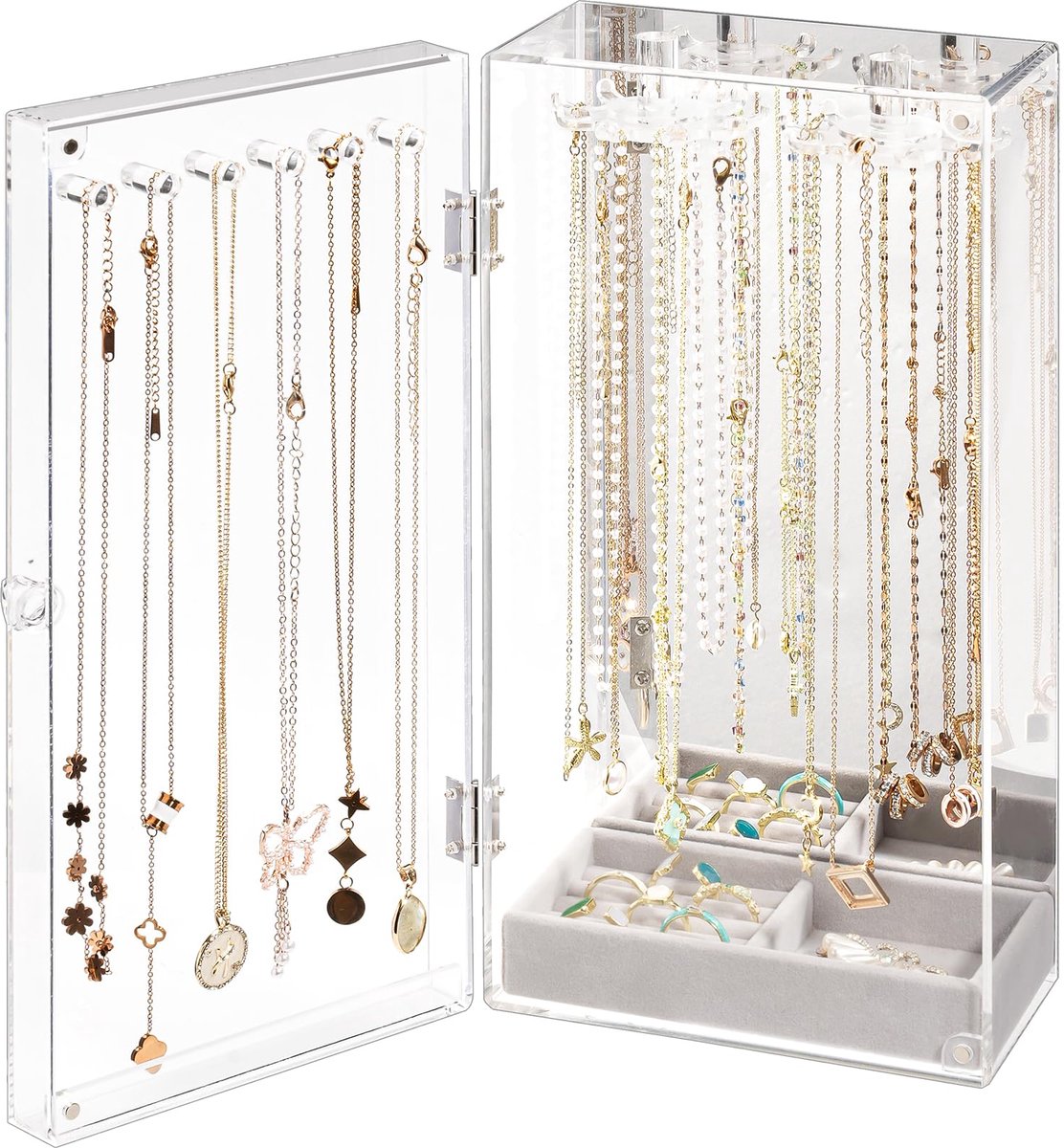 Lolalet Acryl kettinghouder, doorzichtige sieradenorganizer, sieradenstandaard, stofdichte kettingdisplaydoos, 24 haken, transparante sieradenopbergstandaard met fluwelen lade en spiegel - doorzichtig