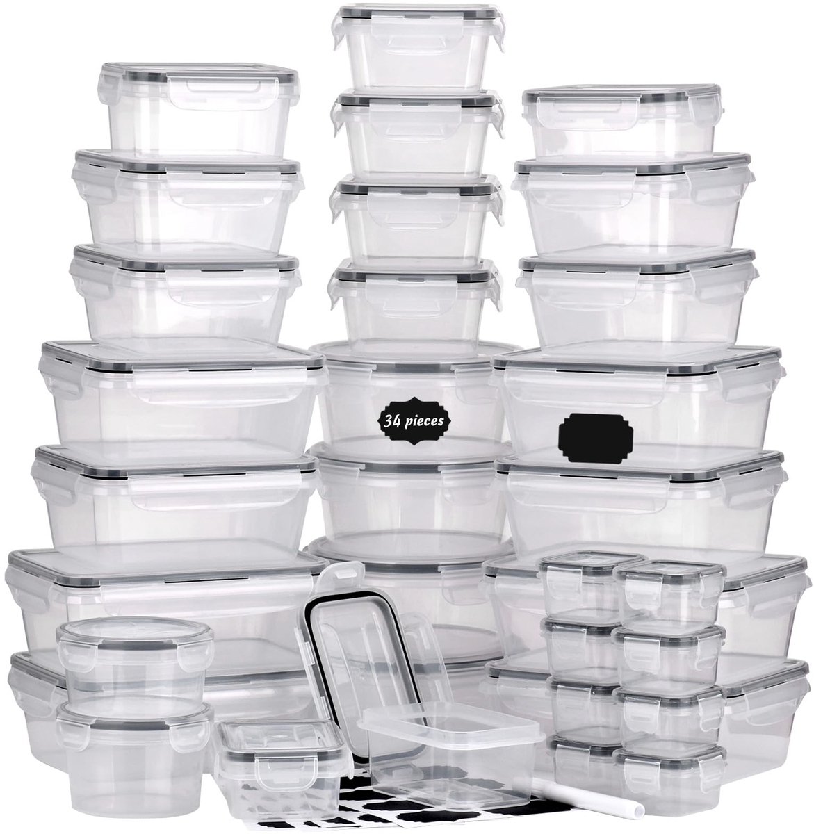 DUOJIN 68-delige voedselcontainerset (34 opbergdozen met 34 deksels) plastic opbergdozenset opbergdozen met deksels luchtdichte maaltijdvoorbereidingsdozen opbergdozen met deksels voor keuken huishouden