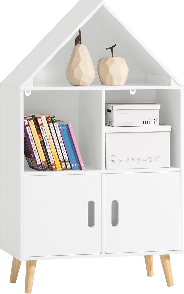 SoBuy Kinderboekenkast met Kasteellook – Kinderopbergrek met 2 Deuren & 3 Vakken – Speelgoedkast voor Kinderkamer – Wit, 63x30x103cm, KMB58-W