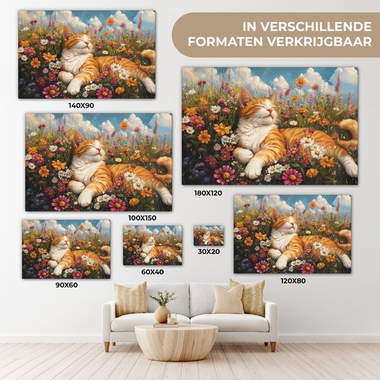 Tableau sur toile 180x120 cm - Décoration murale exclusive Chat - Fleurs - Relax - Décoration murale salon - Décoration chambre - Accessoires chambre - Peintures sur toile