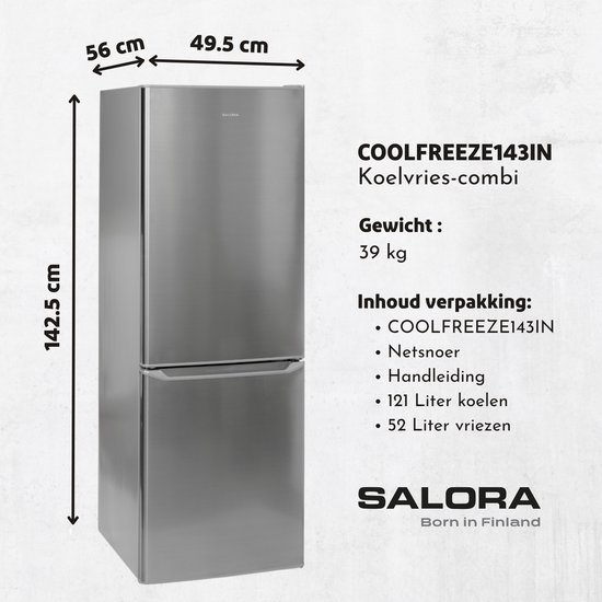 Salora COOLFREEZE143IN, 173 L, N-ST, 40 dB, 2,6 kg/24h, E, Acier inoxydable