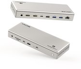 Twee zilveren Wavlink docking stations, met etiket 'Thunderbolt' en diverse poorten.