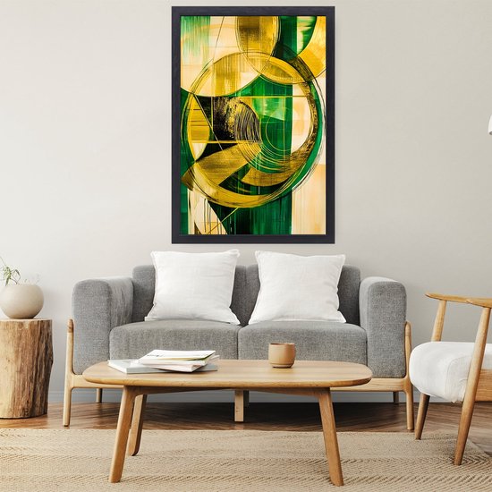 Groene en gouden abstracte cirkels - Cirkel canvas kunst - Canvas lijnen - Abstracte kunst - Canvas met houten lijst - Landelijke schilderijen - canvas met baklijst 40x60 cm