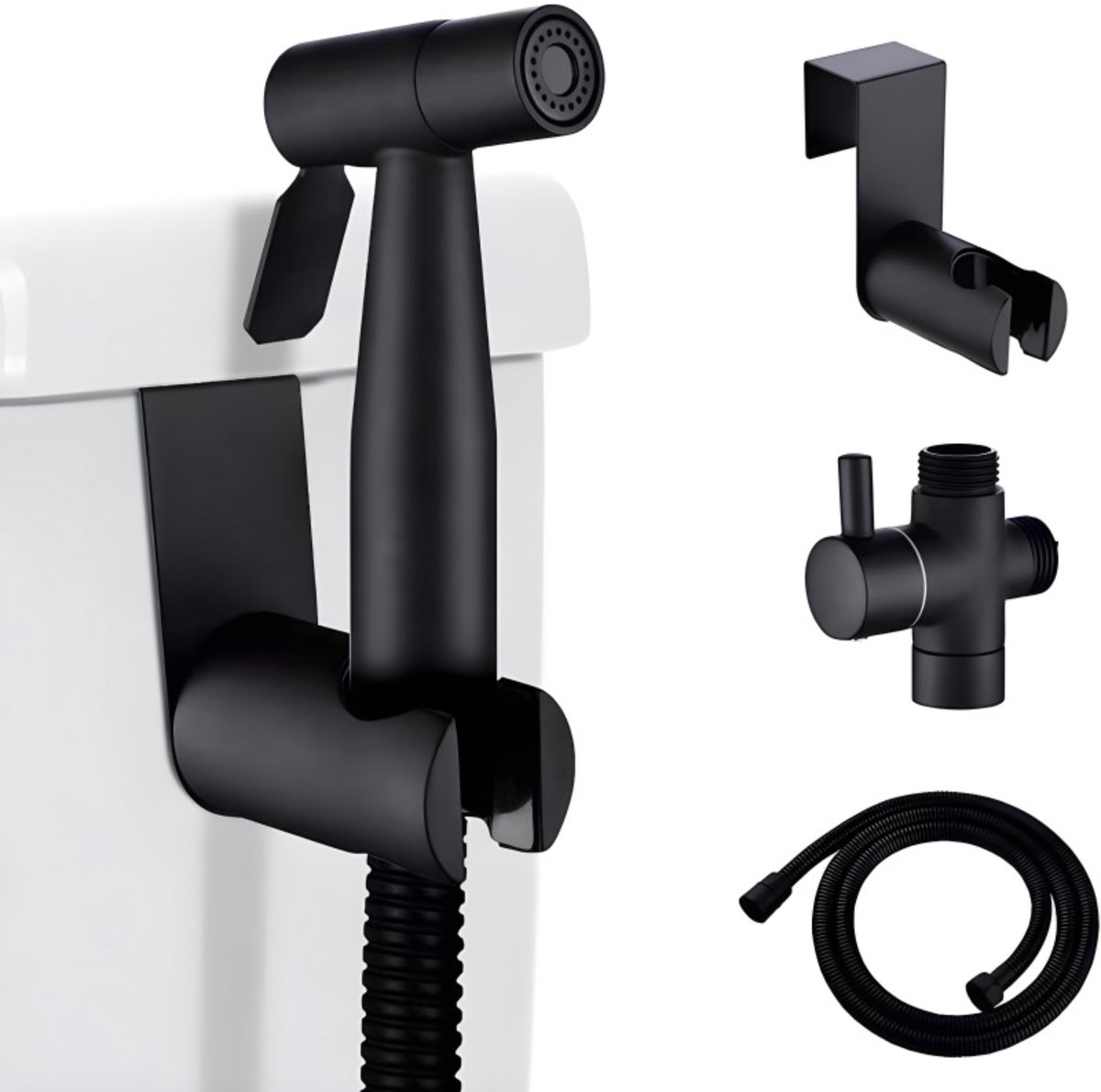 Toiletspuitpistool - 304 roestvrijstalen spuitpistool - Draagbare roestvrijstalen handsproeier - Met G1/2" T-klep en 1,5 m slang + standaard - Zwart