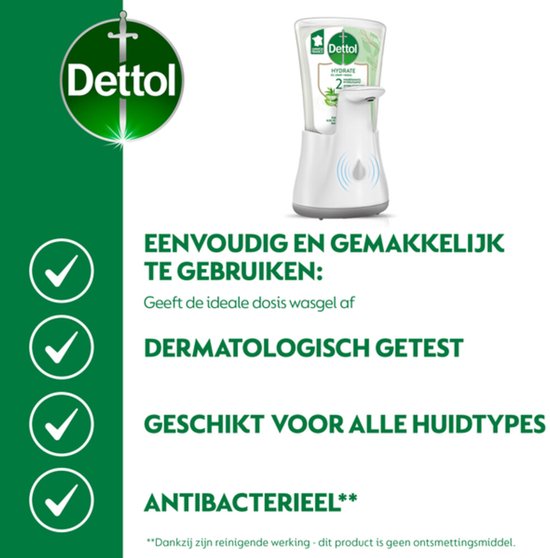 Dettol no-touch dispenser met antibacteriële zeep, dermatologisch getest en geschikt voor alle huidtypes.