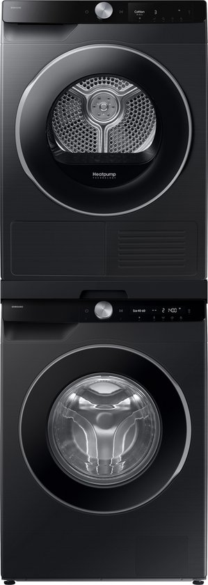 Stapel van zwarte Samsung wasmachine en droger, beide met ronde deuren en digitale displays.