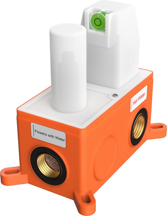 Inbouwdoos voor douchekraan met waterpas en aansluitingen 'Hot Water' en 'Flowers with Water'.
