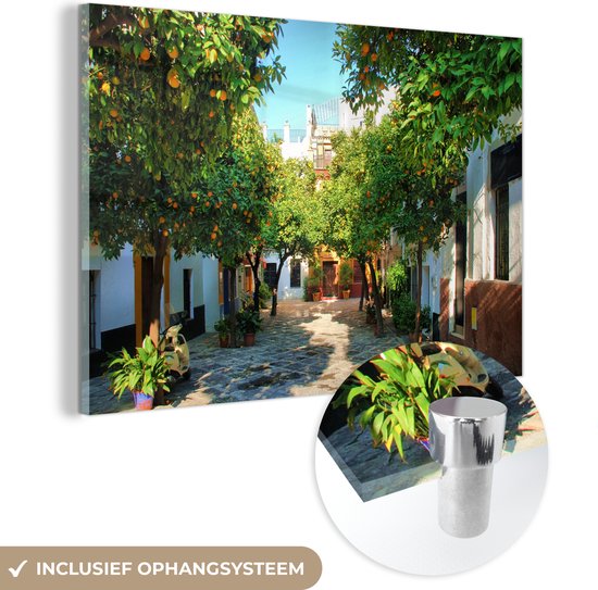 ® Glasschilderij 30x20 cm - Schilderij acrylglas - Sevilla - Boom - Wit - Foto op glas - Muurdecoratie woonkamer - Wanddecoratie slaapkamer - Schilderijen