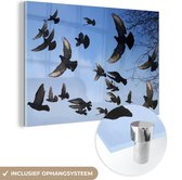 MuchoWow® Glasschilderij 30x20 cm - Schilderij acrylglas - Duiven - Blauw - Lucht - Foto op glas - Schilderijen