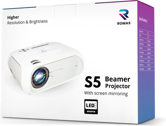 Romas® S5 - Beamer - Full HD - 8000 Lumen - Streamen via Telefoon - Projector - Mini Beamer - Romas