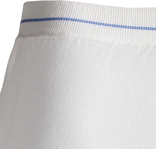 Detail van de tailleband van een witte TENA Fix fixatiebroek met blauwe strepen.