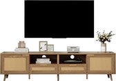 TV-consoletafel, 200*37*49cm, TV-kast met echt rotanontwerp, TV-kast met massief houten poten, gevlochten rotan TV-planken
