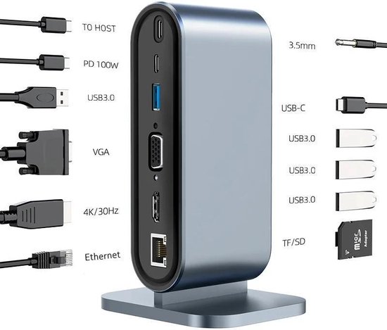 TKMARS 12 in 1 USB C Hub - Docking Station - USB Splitter - PD 100W - 4K HDMI - USB A - USB C - USB 3.0 - 100G Ethernet - Micro TF/SD - Geschikt voor Laptop, Macbook, Windows, Linux, Android, IOS